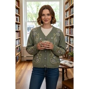 Kindred Spirit Sweater Cardigan Women's S Green Floral Embroidered Cottage NWOT